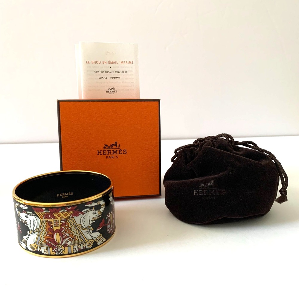 Hermes Torana Elephant Extra Wide Enamel Bracelet 65 PM Gold Bangle Austria